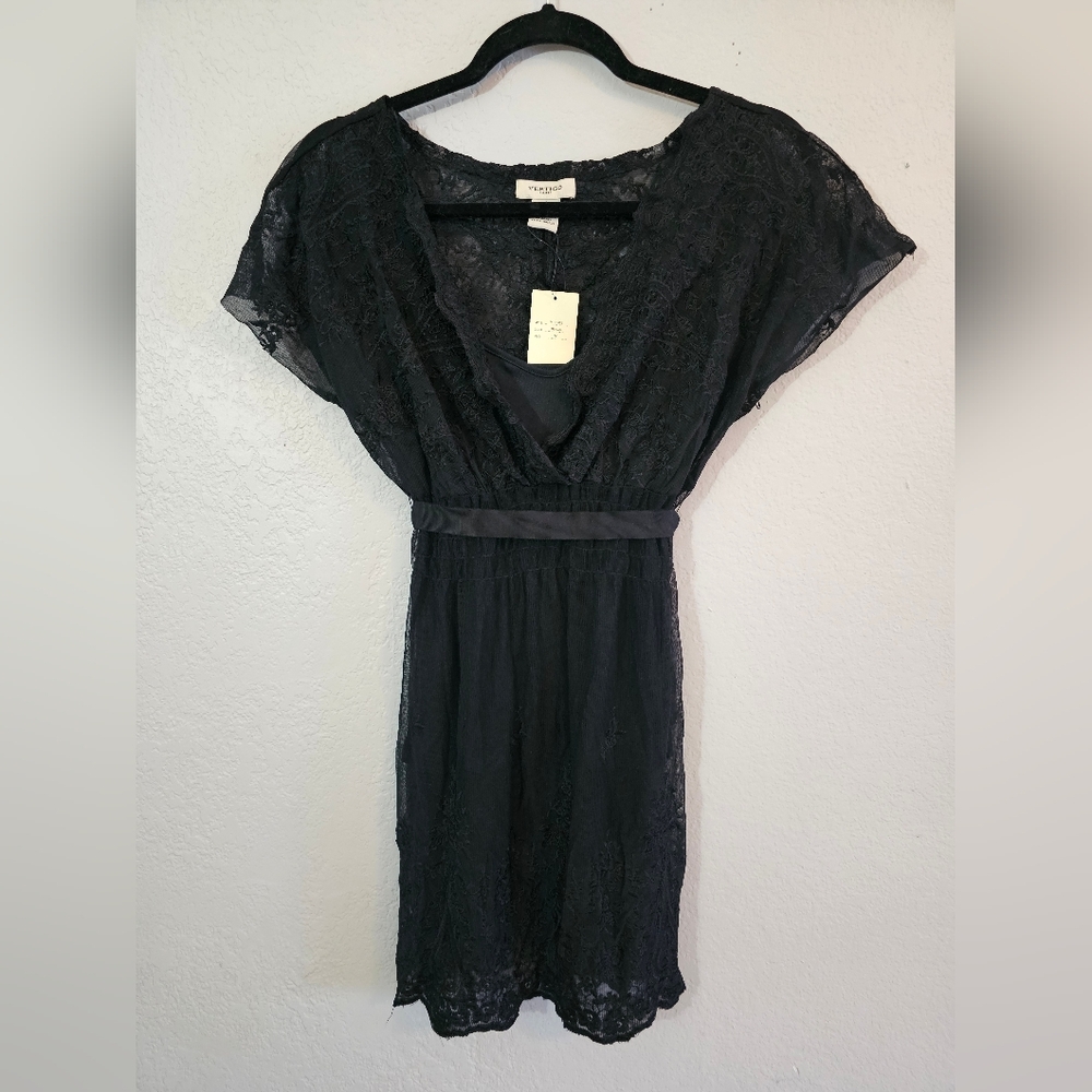 NWT Vertigo Paris Black Lace Tie Back Mini Dress Womens Medium